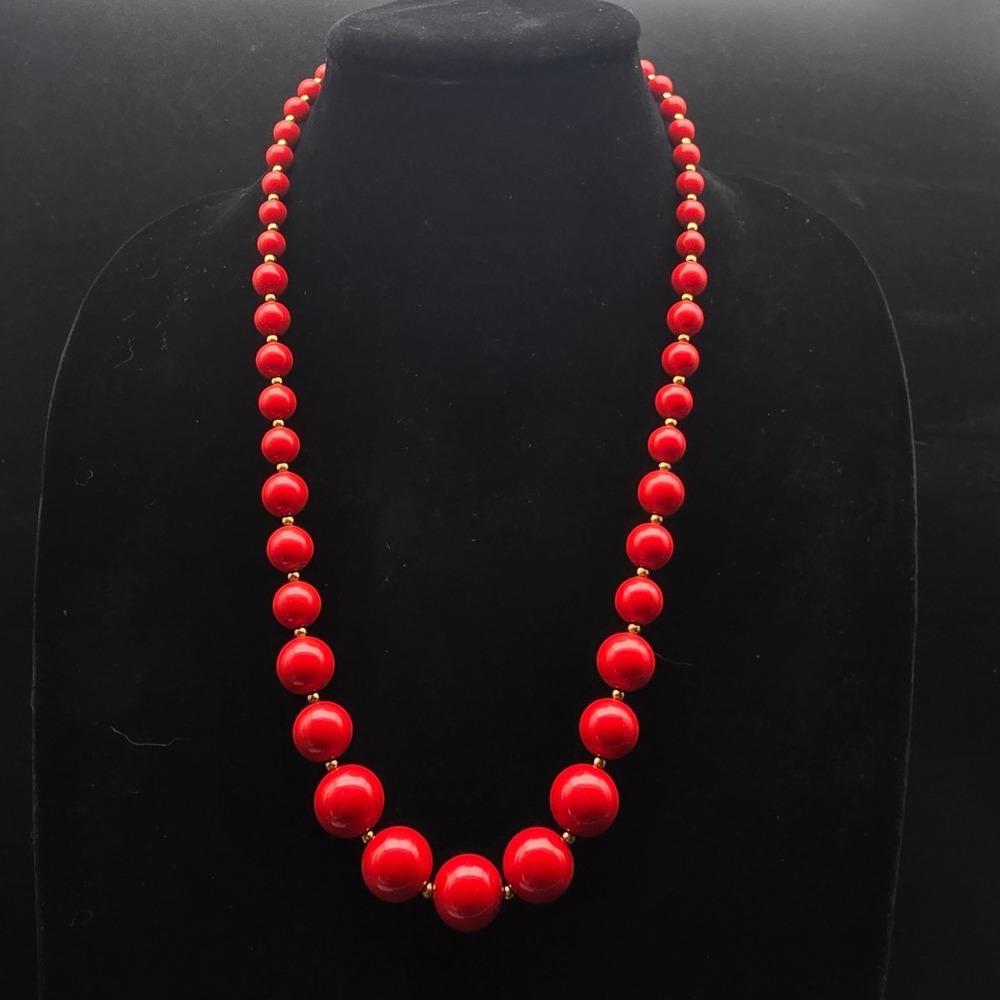 Red Lucite Beaded Necklace Vintage 1980s Jewelry Costume